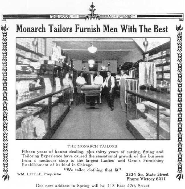 Monarch Tailors advertisement, 1929 showing men in clothing store.