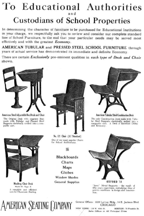 School Furniture Advertisement with different desk styles. (The American School Board Journal, Vol. 58, 1919.)