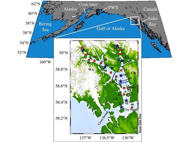 Map of Glacier Bay and 22 sampling sites, located along both arms of the bay.