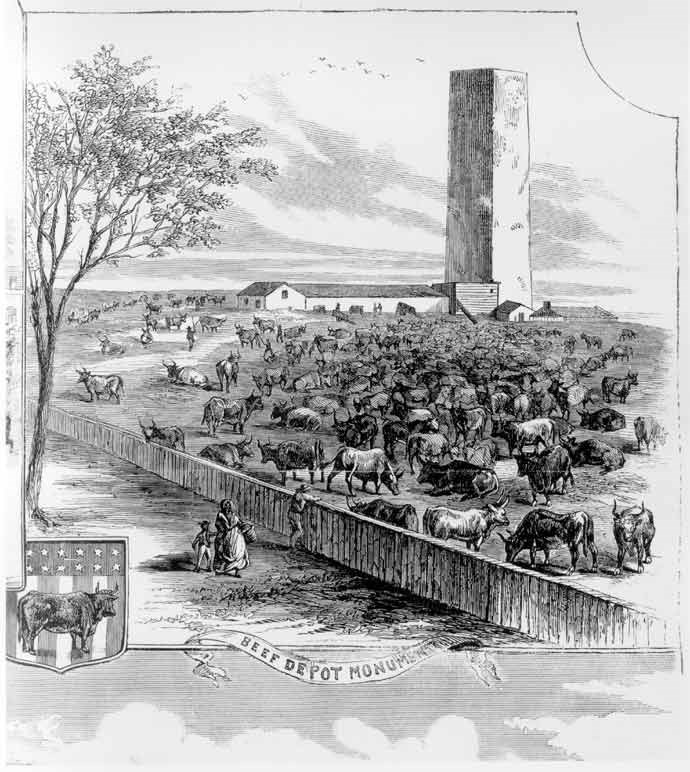 Drawing of an unfinished monument with cows grazing nearby.