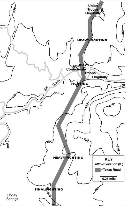 Map of elevation of the Battle of Honey Springs.