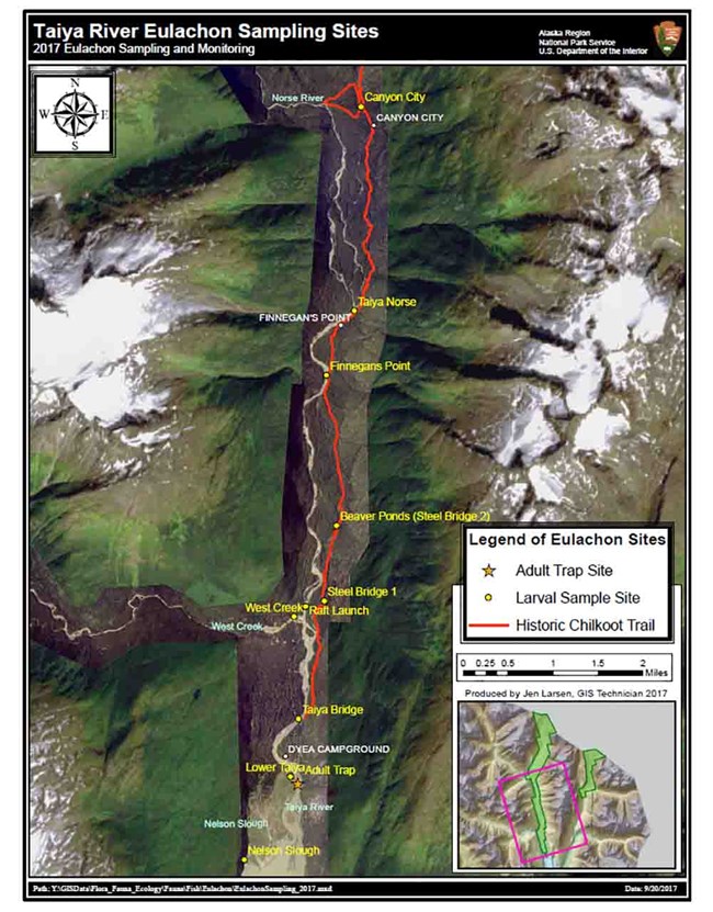 A map of the Taiya watershed and survey points.