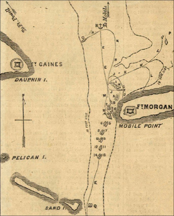 Map of Plan of the battle of August 5, 1864 at Fort Morgan in Alabama. (Library of Congress, Harper's Weekly, v. 8, Sept. 24, 1864, p. 613) Map of Plan of the battle of August 5, 1864 at Fort Morgan in Alabama. (Library of Congress, Harper's Weekly, v. 8, Sept. 24, 1864, p. 613)