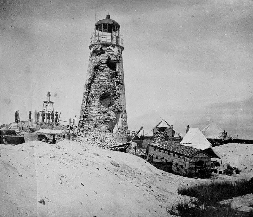 Damaged lighthouse at Fort Morgan.