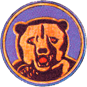 Round patch with brown bear head and raised paw, with blue background.