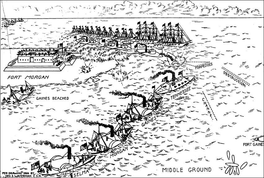 Drawing of ironclads and chips surrounding Fort Morgan.
