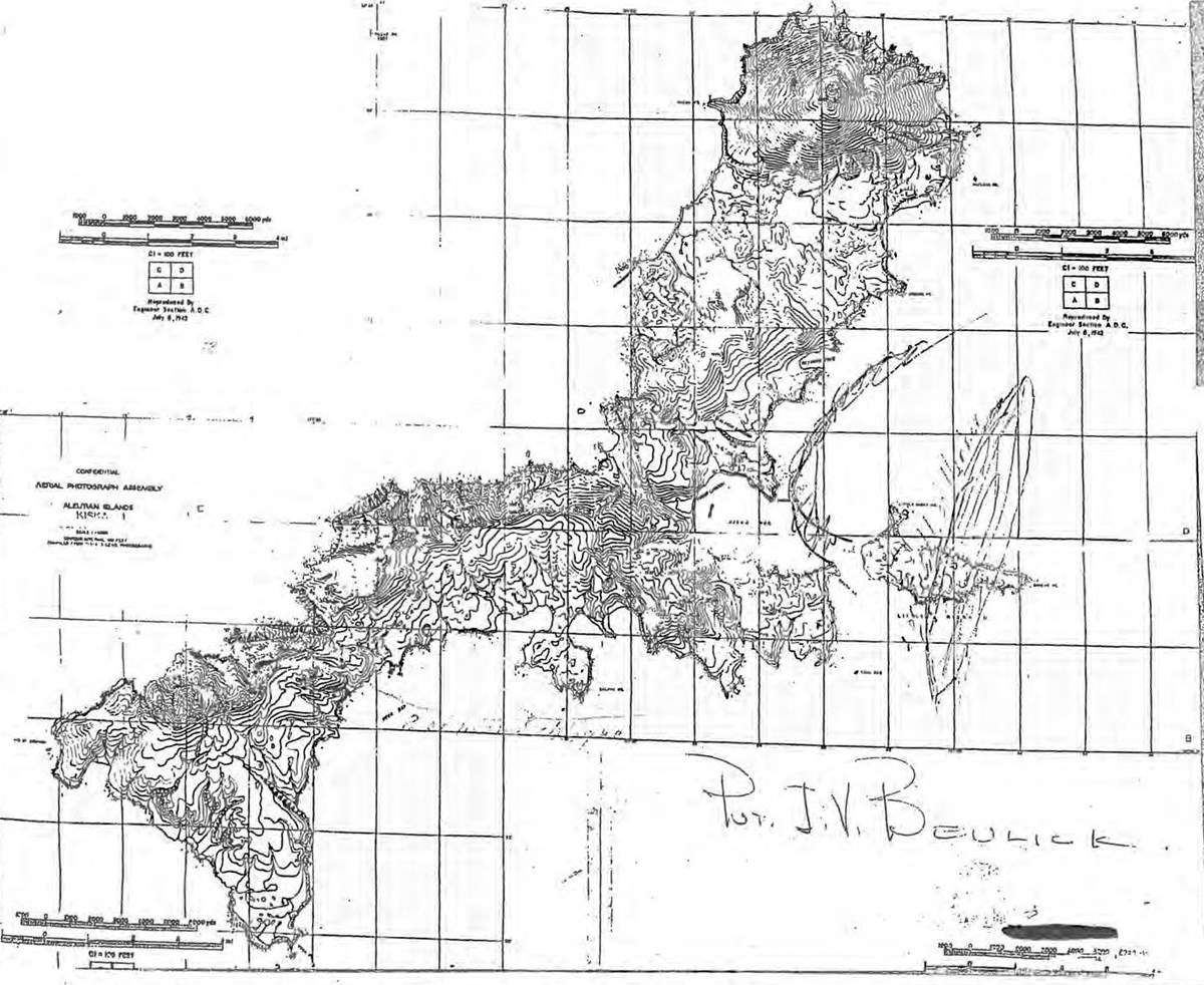 hand drawn topo map of Kiska Island with signatures Pvt. J.V. Beulick in right corner