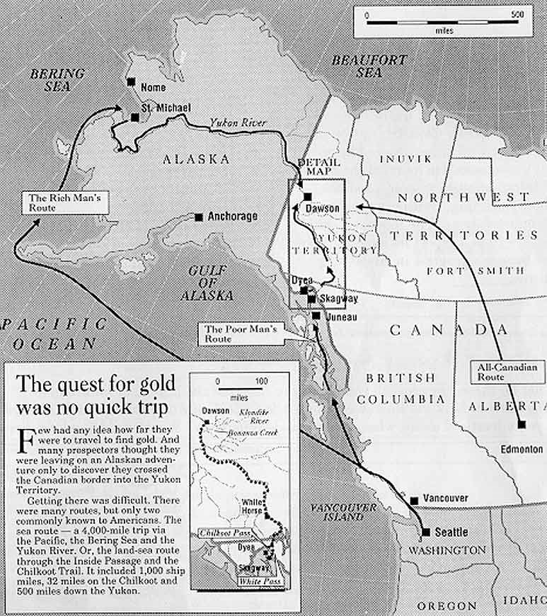 Maps showing routes from Seattle to the Klondike gold fields.