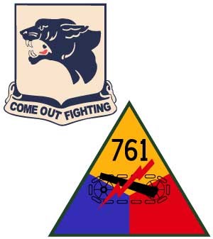 761st Patches Two patches, one with a panther and text Come Out Fighting, the other showing tank tread and canon with 761 atop