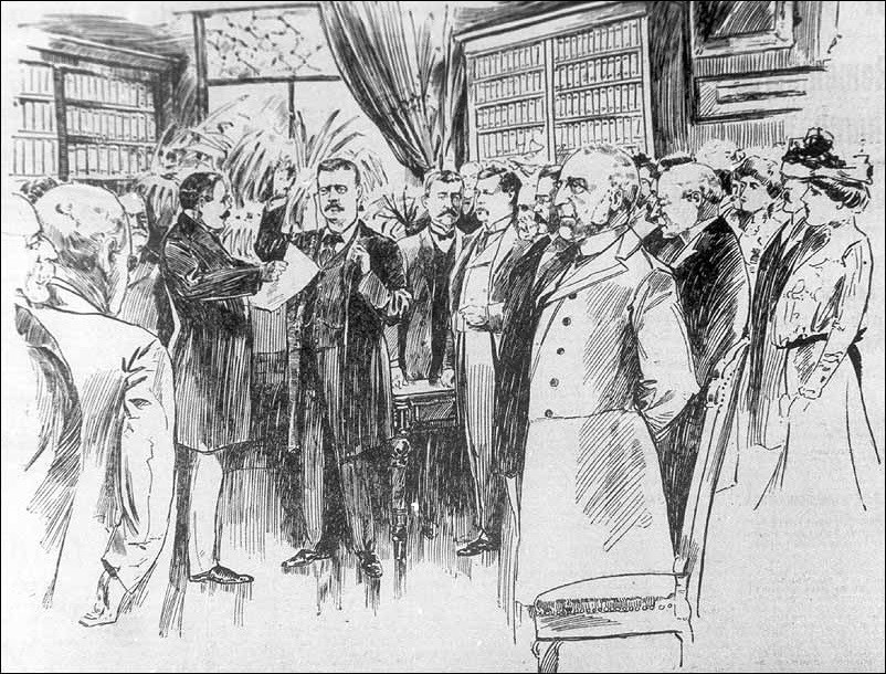 Drawing of Teddy Roosevelt's inauguration ceremony.