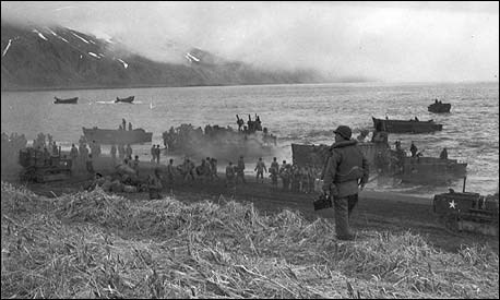 Seventh Infantry Division troops landing at Massacre Bay