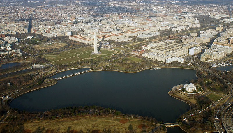Aerial view of the Tidal Basin with surrounding monuments