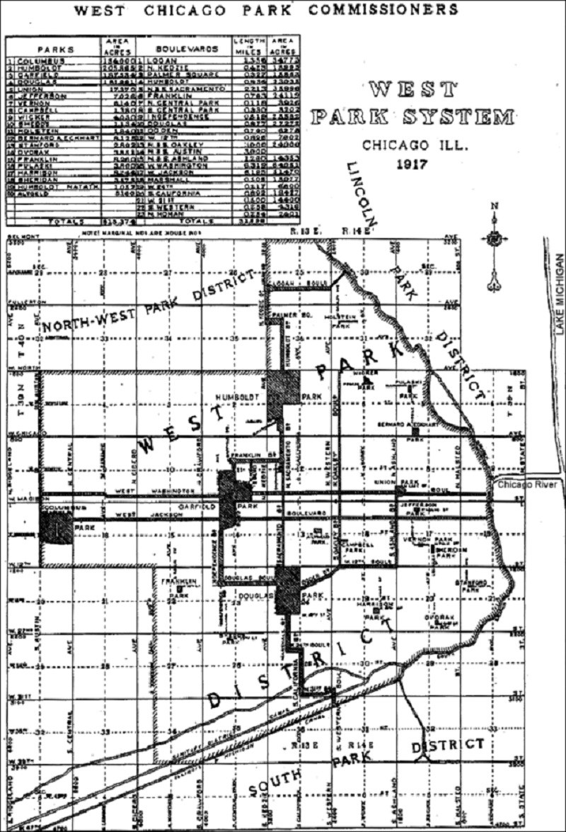 Map of Western Park System, Chicago, 1917. (Courtesy of Chicago Park District Special Collections) Map of Western Park System, Chicago, 1917. (Courtesy of Chicago Park District Special Collections)