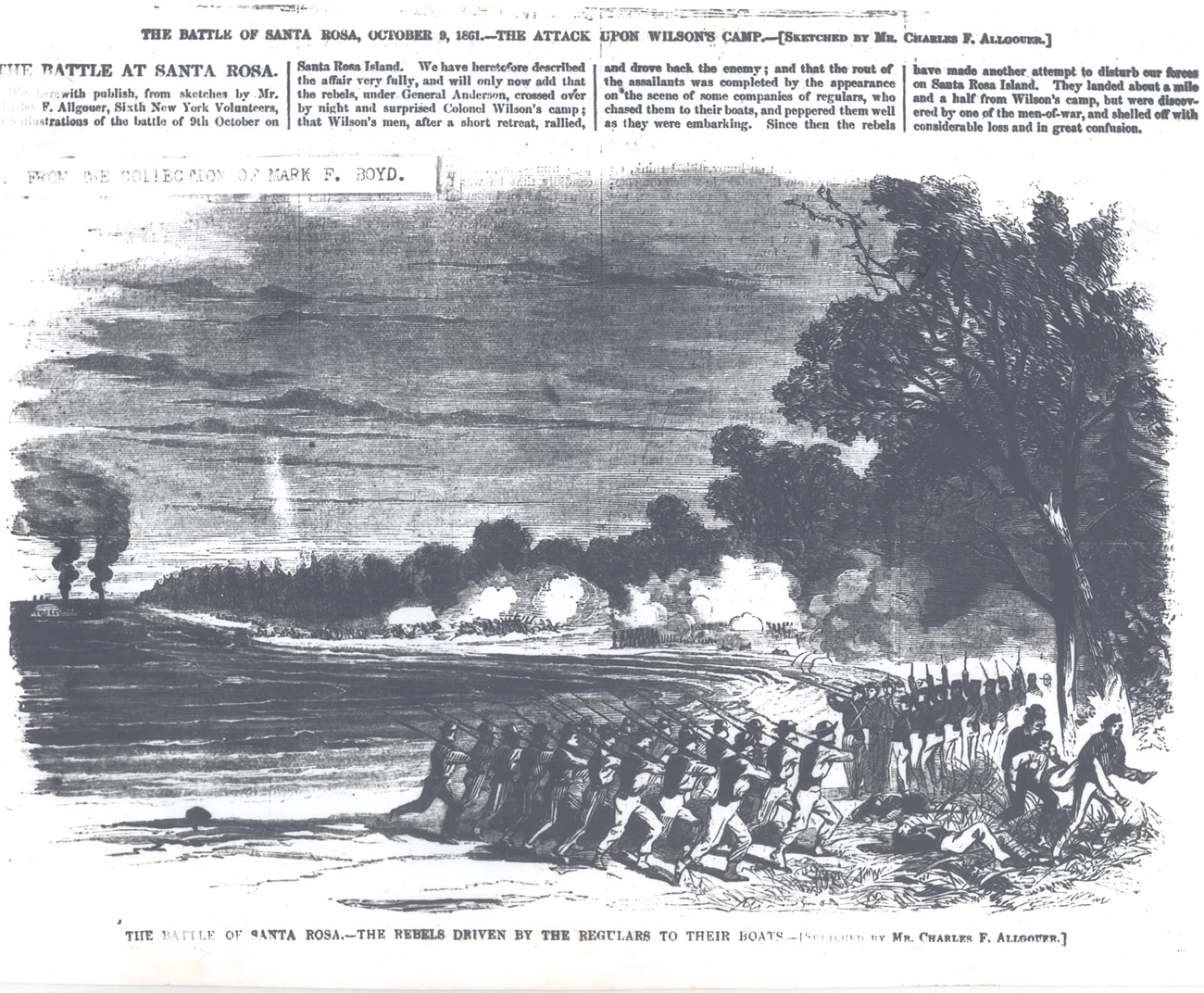 835 BattleSRI Boyd Coll Newspaper etching showing soldiers marching across a beach.