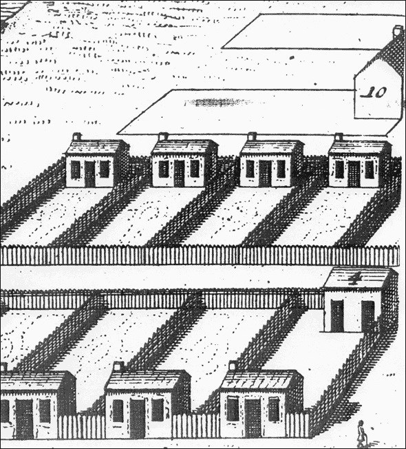 Drawing of colonial town.