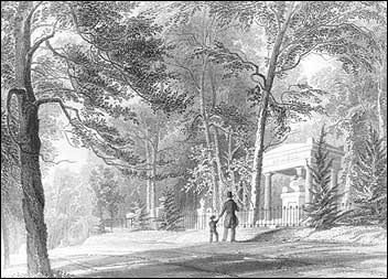 Drawing of man and child walking past cemetery. Drawing of man and child walking past cemetery.