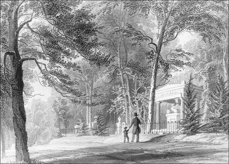 Drawing of man and boy walking by cemetery.
