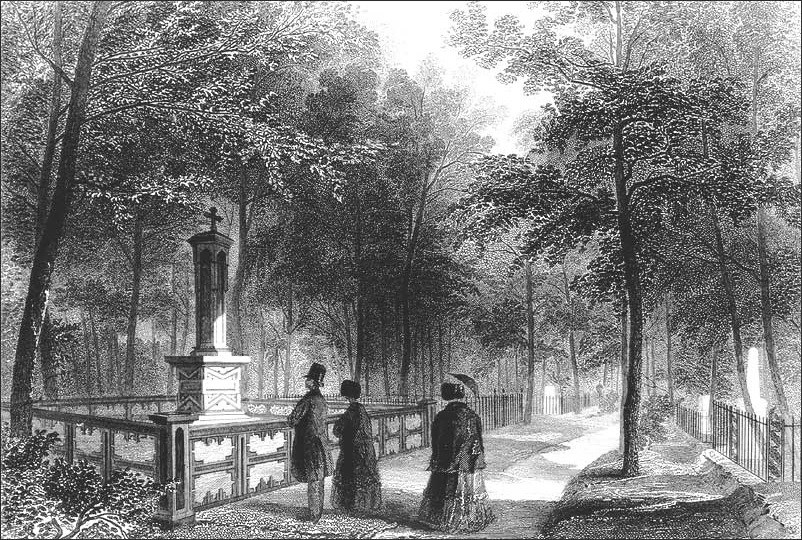 Drawing of people standing by grave site.