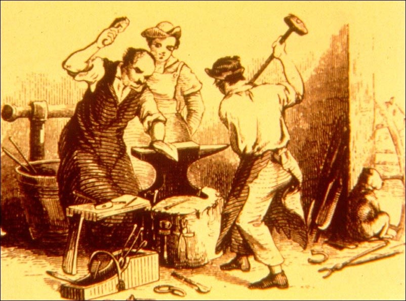 Drawing of blacksmiths hammering iron. (Courtesy Mechanics Hall, Worcester, Massachusetts)