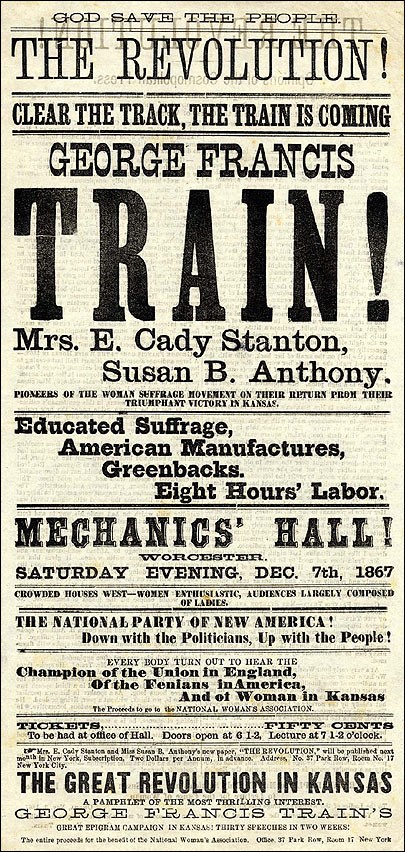 Advertisement for Women's Suffrage Movement lecture from December 7, 1867.