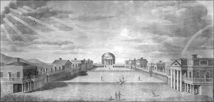 Drawing of buildings facing open square. Drawing of buildings facing open square.