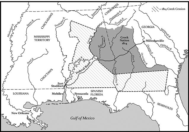 map of southeast united states with overlay of creek territory in modern georgia and alabama