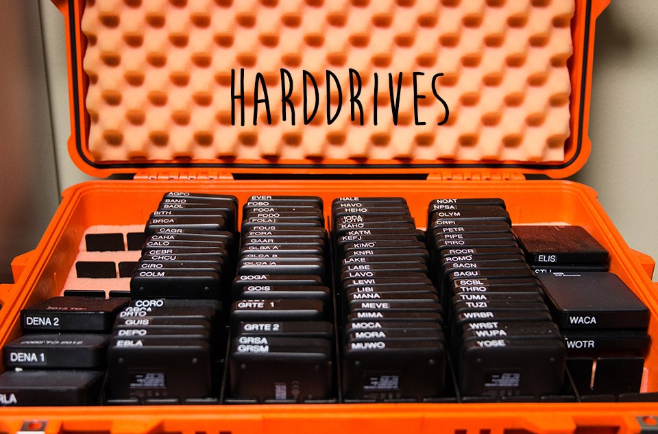 a bright orange case with several dozen black harddrives in it