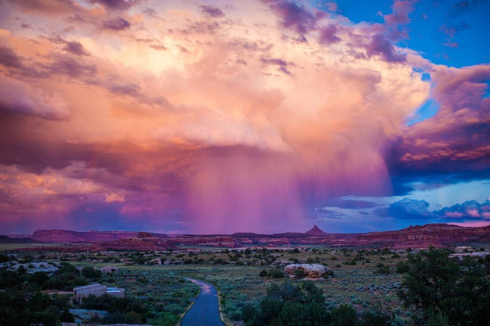 storm clouds over Needles District road and visitor center