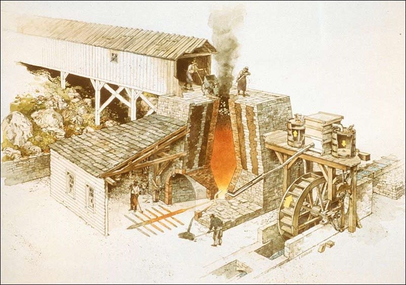 Drawing of 19th-century blast furnace in operation.(National Park Service, Richard Schlecht, illustrator)