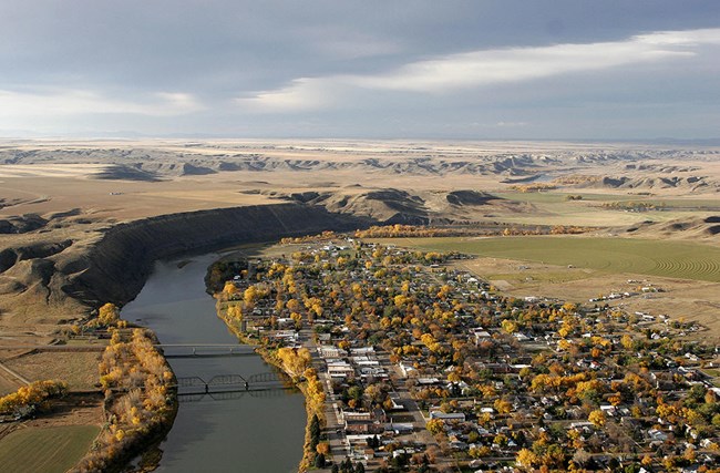 aerial view of town near river