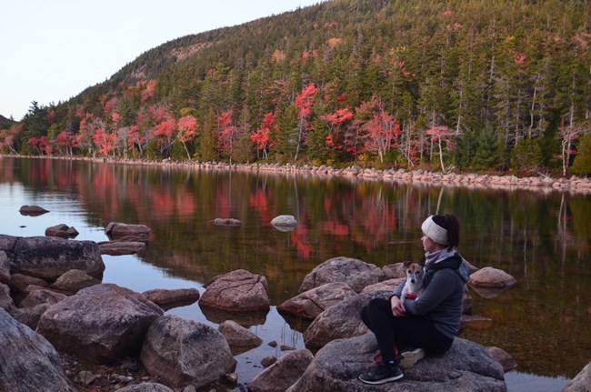A park visitor and her dog enjoy the fall colors at Jordan Pond in Acadia National Park A park visitor and her dog enjoy the fall colors at Jordan Pond in Acadia National Park