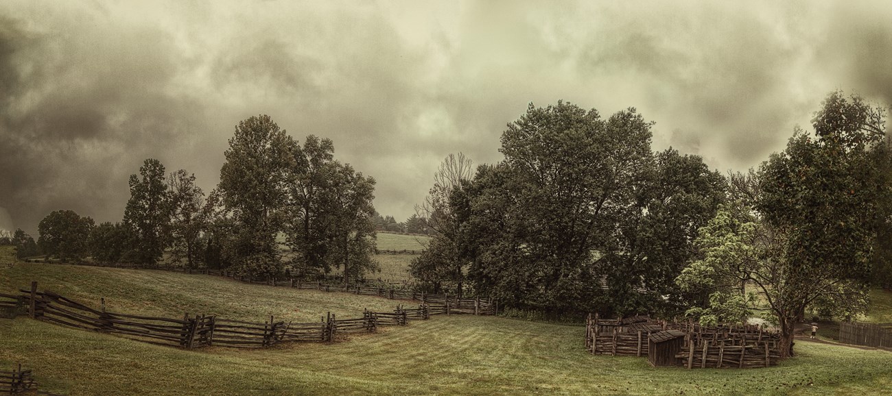 View of farmland at Booker T. Washington National Monument on a rainy day View of farmland at Booker T. Washington National Monument on a rainy day
