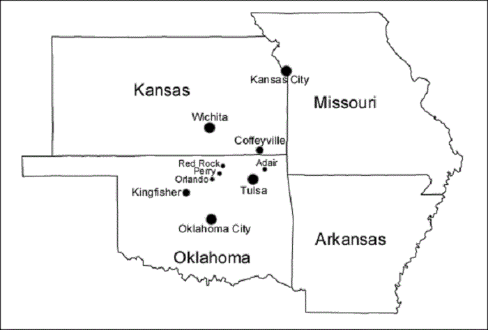 Map of Coffeyville, Kansas, and surrounding area.