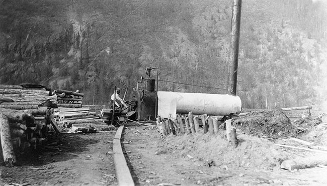 Historic photo of a man operating a large boiler with firewood logs stacked nearby.