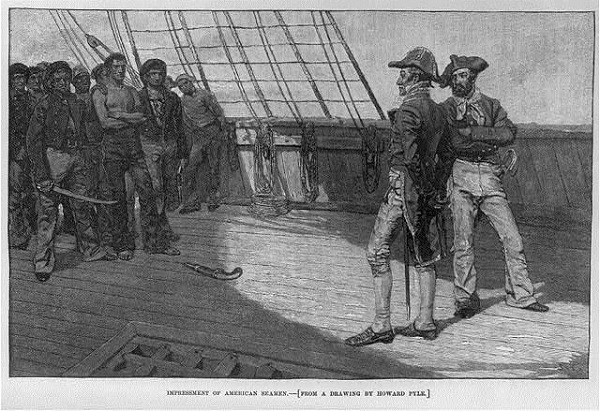 drawing of two sailors looking at a group of poorly dressed men on a ship deck