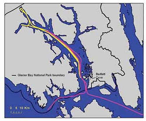 Typical routes of cruise ships accessing Glacier Bay National Park and Preserve.
