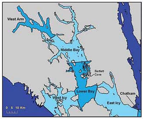 Map of the sub-regions of a Glacier Bay NP whale encounter study