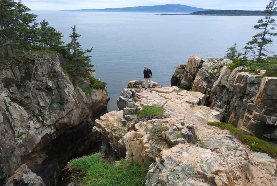 Striking cliffs with trees overlook a cove at Acadia National Park Striking cliffs with trees overlook a cove at Acadia National Park