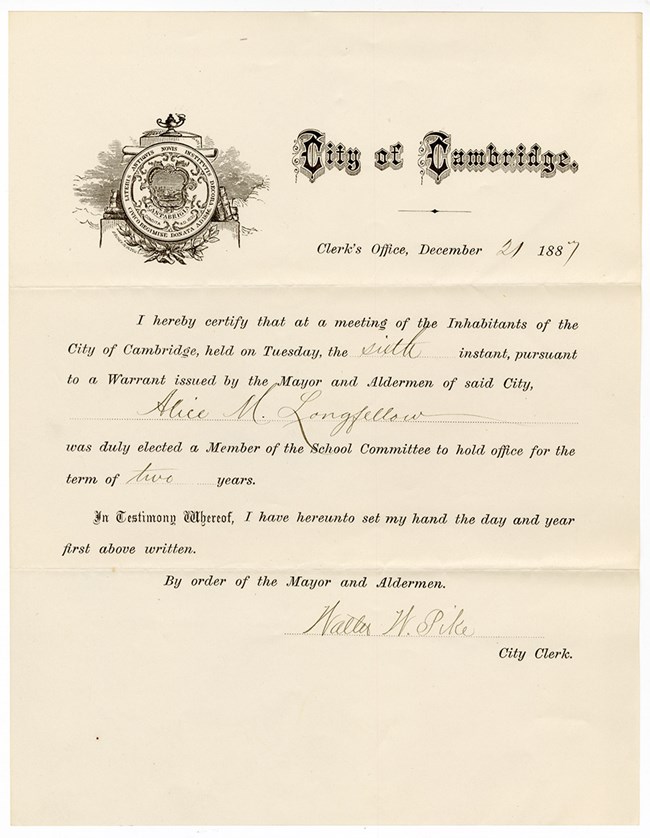Certificate with seal of City of Cambridge and Alice Longfellow's name handwritten on form