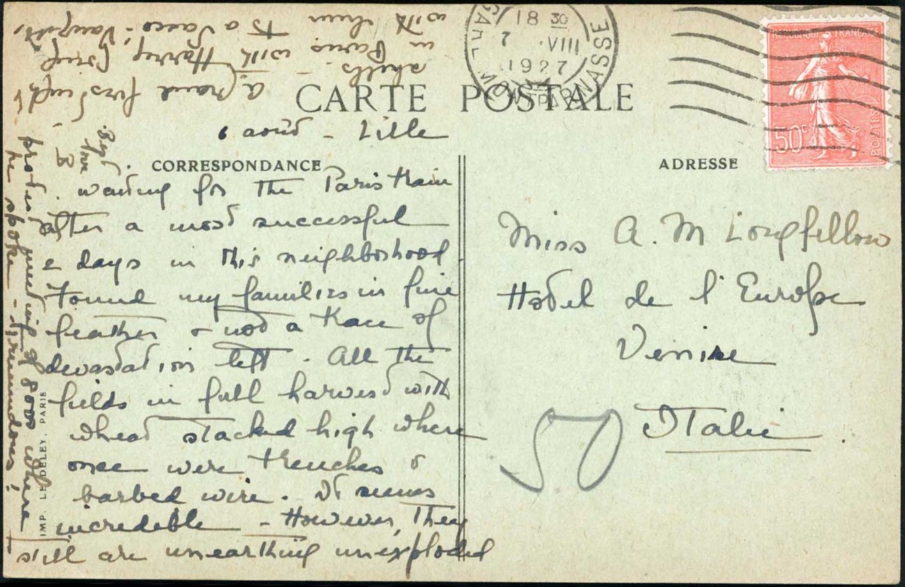 Postcard French postcard addressed to Miss A.M. Longfellow in Venice with stamp and postmark