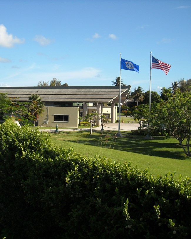 park building and flags