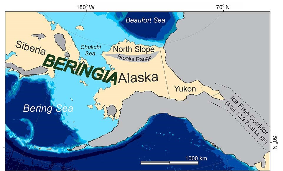A map showing Beringia, the land bridge between Russia and North America.
