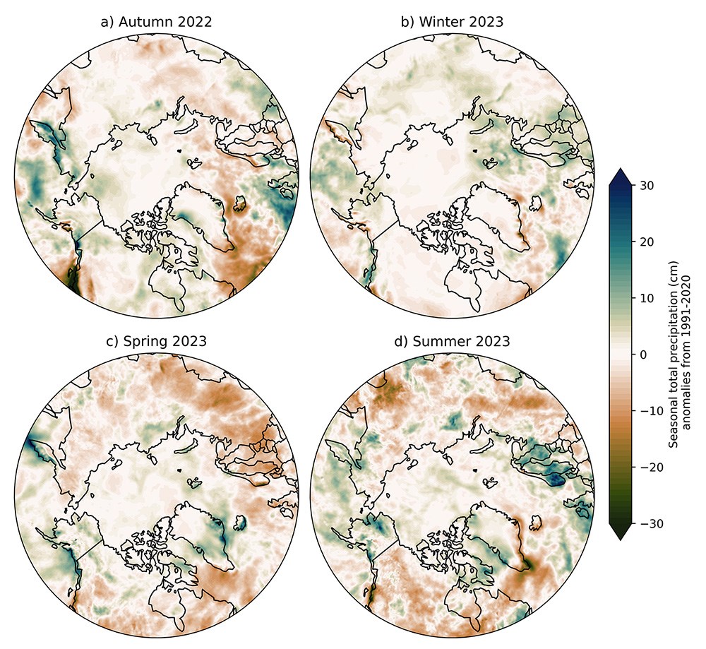 Four-part PanArctic maps of precipitation anomalies.