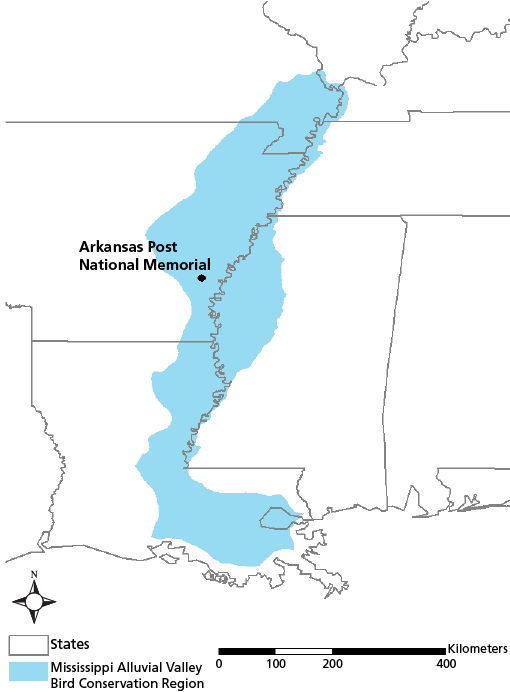 Map of Mississippi Alluvial Valley Bird Conservation Region Map of the Mississippi Alluvial Valey Bird Conservation Region, an area from Louisiana to Missouri that follows along the Mississippi River, and the location of Arkansas Post National Memorial in southeastern Arkansas
