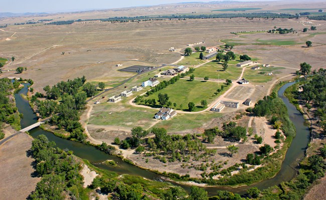 Aerial view of Fort Laramie National Historic site shows the settlement along the North Platte River