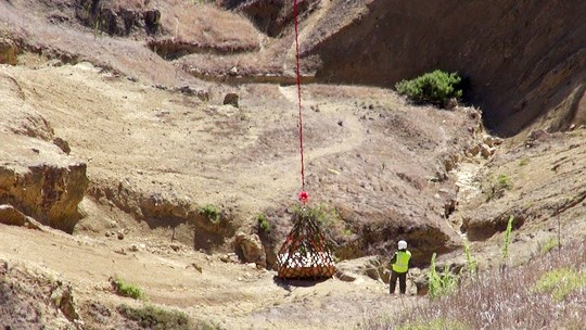 View downhill of a person wearing a safety vest guiding the initial lift of a large payload encased in netting and attached to an out-of-frame helicopter