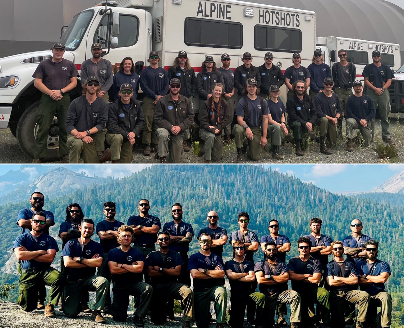 Top: group of men and women that make up the Alpine Hotshots; bottom: group of men that make up the Arrowhead Hotshots.