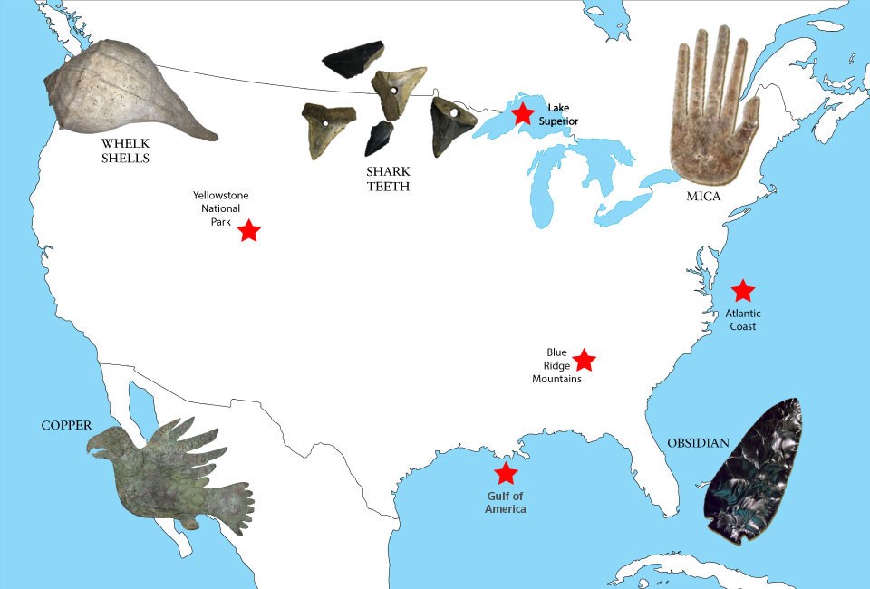 Outline of the United States with five exotic materials placed around the outline