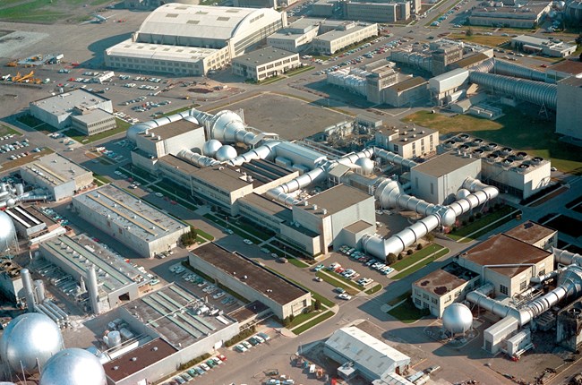 Aerial view of Unitary Plan Wind Tunnel, a complex of buildings connected by tubed corridors