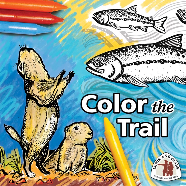 color the trail with images of prairie dog, salmon and crayons